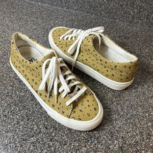 Madewell Women 8.5M Low Top Lace Up Sneaker Mustard/Black/Cream Paw Print Canvas